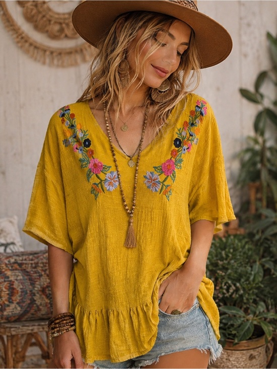 JODIFL Tops - Jodifl Mustard Yellow Embroidered Boho Ruffle Tunic Top – Size Large